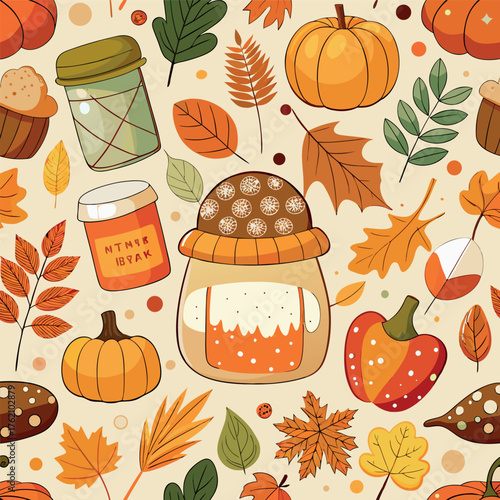Cute autumn pattern with pumpkins, leaves, mushrooms, acorns, and cozy jars in warm orange, brown, and yellow tones — seamless fall background in a whimsical cartoon style