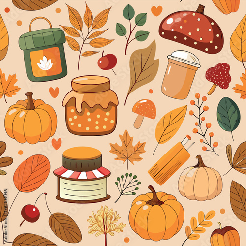Cute autumn pattern with pumpkins, leaves, mushrooms, acorns, and cozy jars in warm orange, brown, and yellow tones — seamless fall background in a whimsical cartoon style