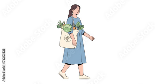 Woman with a Tote Bag Full of Fresh Vegetables, Promoting Sustainable Shopping and a Healthy Lifestyle. Ideal for illustrating eco-friendly practices or nutritional content