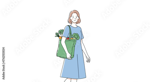Woman carrying a reusable green shopping bag filled with fresh vegetables and fruits, promoting sustainable lifestyle choices and eco-friendly shopping habits.