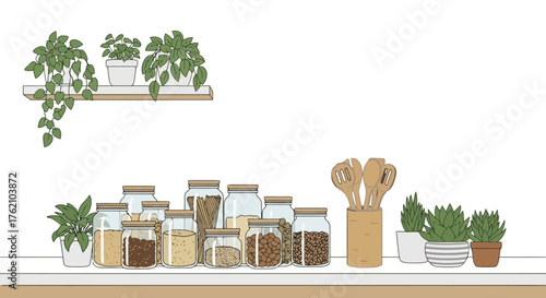 Minimalist Kitchen Pantry Illustration with Zero Waste Jars and Green Plants, Ideal for Sustainable Living and Eco-Friendly Lifestyle Content