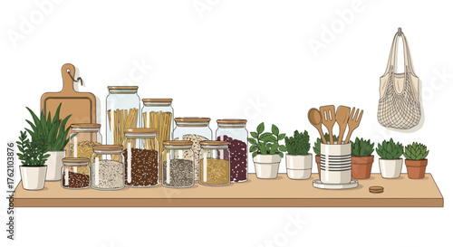 Organized pantry shelf with zero waste essentials and potted plants, showcasing sustainable living and eco-friendly kitchen practices for mindful home design.
