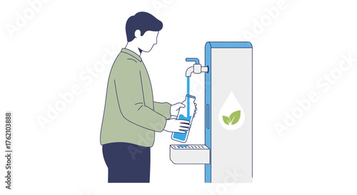 Minimalist Illustration of a Person Filling Glass with Water from Dispenser, Emphasizing Sustainability and Clean Hydration for Health and Wellness Content