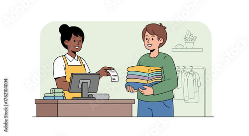 Illustration Depicting a Customer Purchasing Clothes from a Retail Store, Ideal for Illustrating Retail Business Scenarios and Customer Service Interactions