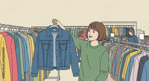 Young Woman Shopping for Clothes in a Stylish Boutique, Choosing a Denim Jacket for her Wardrobe. Ideal for fashion blogs, retail advertising, or lifestyle articles