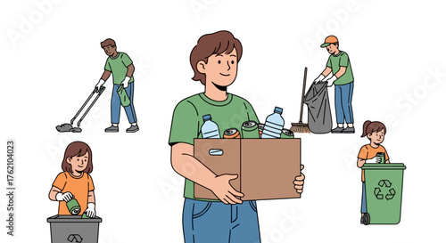 Diverse group of volunteers collecting recyclable materials in a community cleanup effort, promoting environmental awareness and sustainable waste management practices