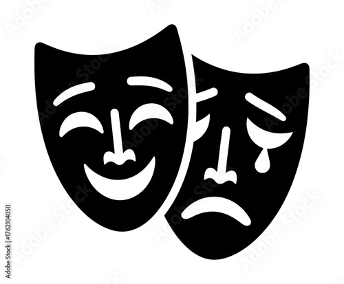 Two theater masks. one mask smiling, one mask frowning
