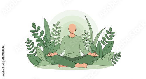 Serene Meditation Illustration Featuring a Bald Figure in Lotus Position Surrounded by Lush Greenery, Ideal for Wellness and Mindfulness Content