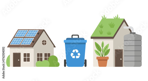 Sustainable Living Illustration Showcasing Eco-Friendly Homes with Solar Panels, Green Roofs, and Recycling. Ideal for environmental awareness campaigns, educational materials, promoting green build.