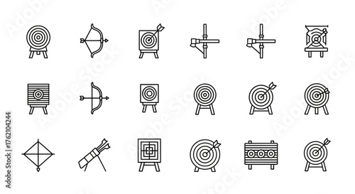 A collection of archery and target shooting icons, including bows, arrows, targets, and crossbows, arranged in rows.