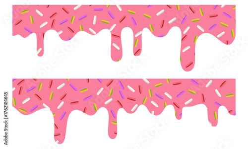 A set of Pink strawberry cream dripping with colorful sprinkles. Melting Pink with Sprinkles. This melting pink glaze vector is ideal for food illustration, wallpaper, banner, or product design use.