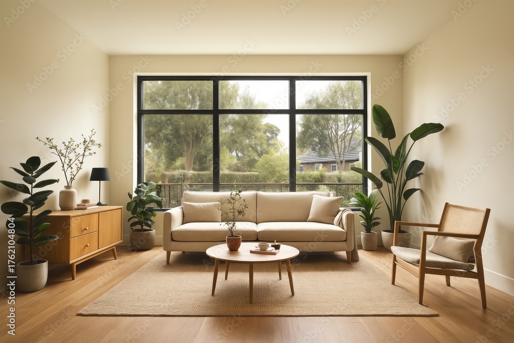Fototapeta premium Modern minimalist living room with large windows and natural light, Scandinavian style interior with beige sofa, wooden furniture and indoor plants – bright cozy home decor
