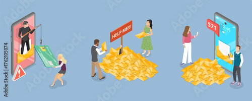 3D Isometric Flat Vector Illustration of Spam, Excessive Emails, Phishing, And Scam Activity
