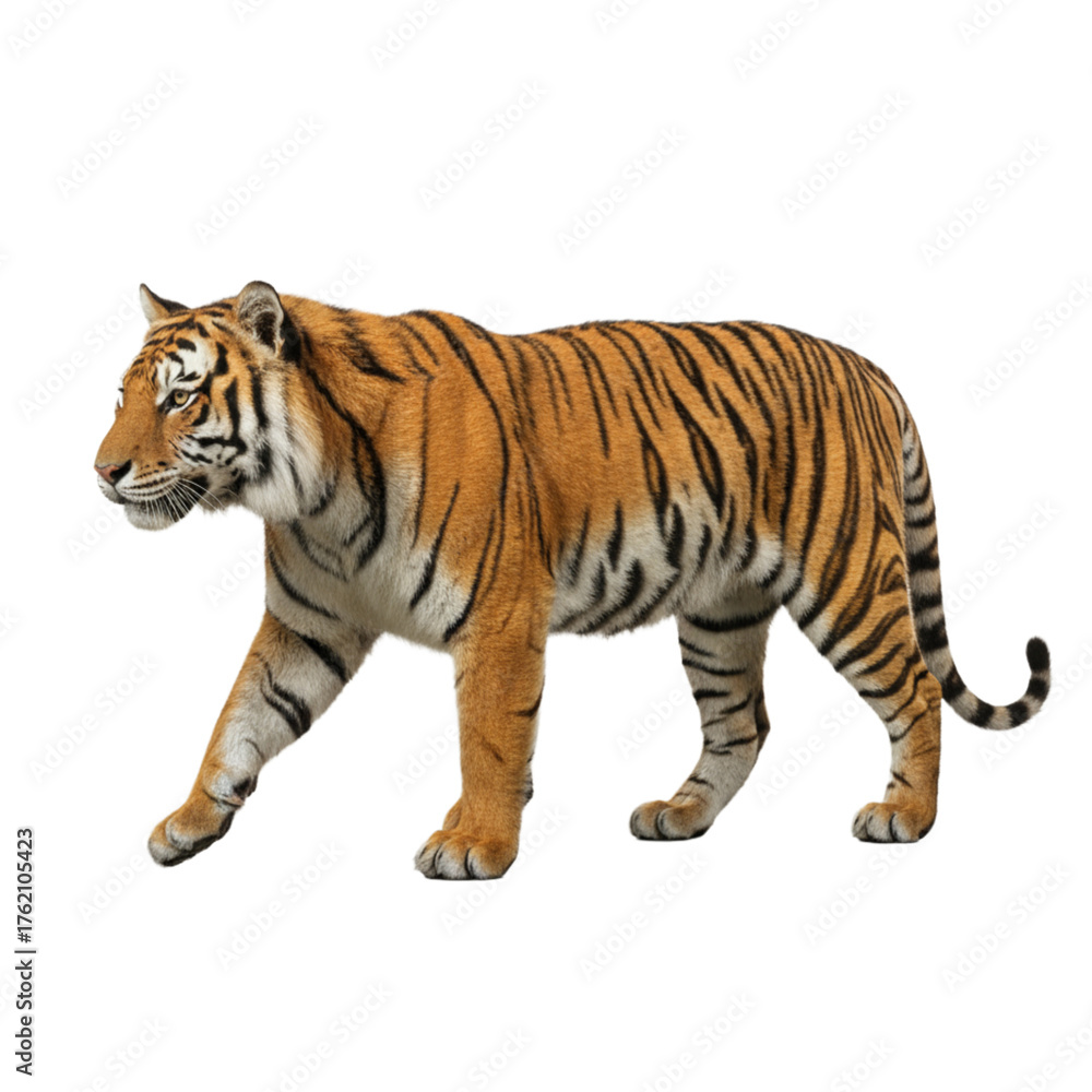 Obraz premium Bengal tiger walking side view photo on plain white background, wild predator style, studio lighting, stock photography for wildlife conservation and zoo catalog