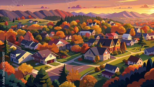 Very beautiful panoramic aerial view of the suburban area in Ozark, Arkansas, USA, featuring tightly packed residential homes surrounded by lush green trees glowing under the warm autumn sunset light.