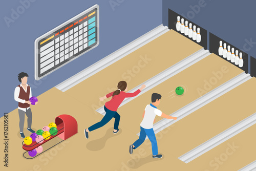 3D Isometric Flat Vector Illustration of Playing Bowling, Young People, Throwing Balls To Knock Down Pins.