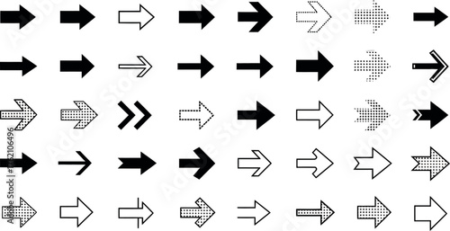 Collection of diverse black arrows showing direction navigation movement progress and selection symbols on a