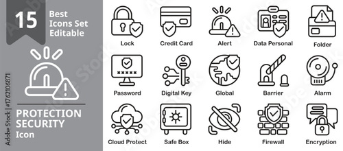 Protection Security icons set. Contains locks, firewalls, encryption, antivirus, passwords, and safety monitoring. Editable outline vector illustration.