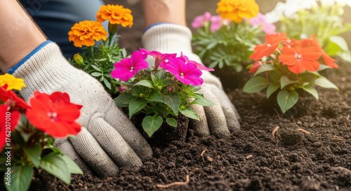 Planting Colorful Impatiens Flowers in Garden Soil with Gardening Gloves