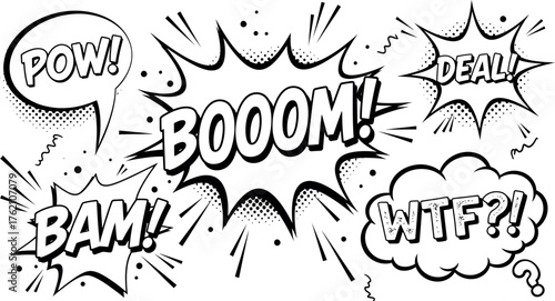 Comic book sound effects boom bam pow death wtf words speech bubbles pop art explosions action words