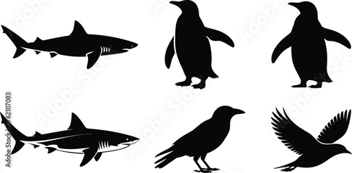 Wildlife Animal Silhouettes Black Sharks Penguins Crows Flying Perching Birds Gray Background