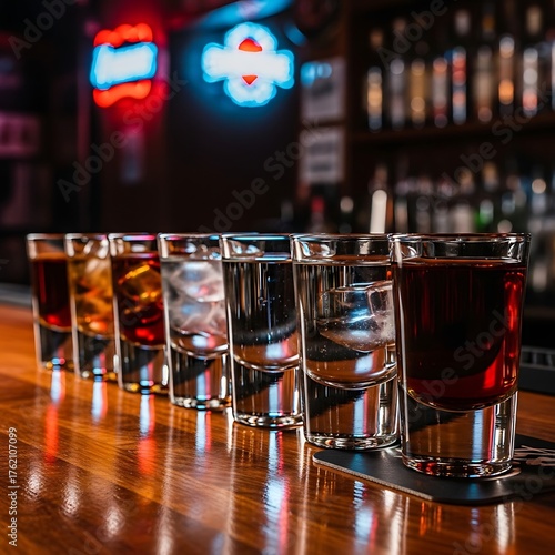A close-up showcases a bar's wooden surface with seven different shot glasses in a row, illuminated by a blurred neon sign and bottle display