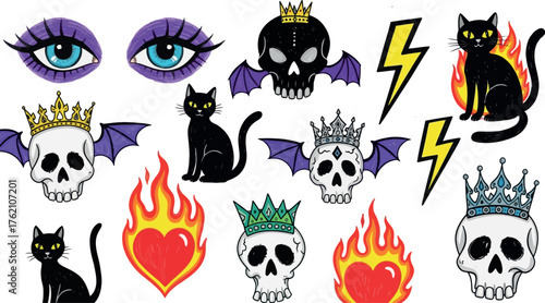 Gothic and macabre collection with skulls flaming hearts black cats lightning bolts and vibrant purple eyes set against a plain backdrop