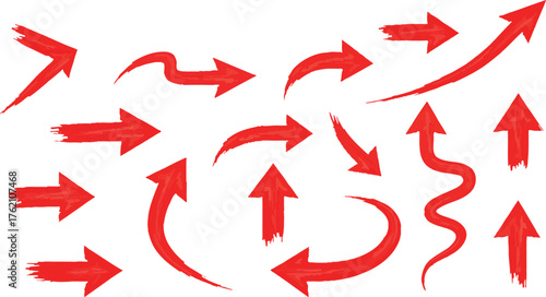 Collection of diverse red arrows pointing in various directions for design and navigation elements