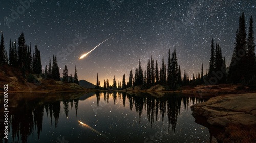 Night landscape features a shooting star streaking across the starlit sky, reflected in serene lake surrounded by trees