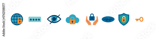 Colorful flat style cybersecurity icons set for digital protection