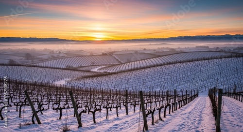 Snowy vineyard landscape at sunset rows of vines covered in snow Misty valley and mountains in background