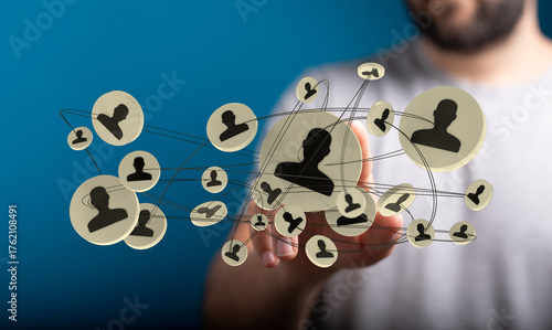 Man touching digital network. Concept of business connections, social media, and online communication. Modern technology and networking for corp