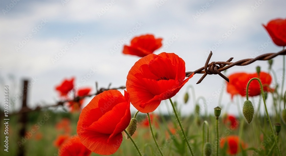 Obraz premium Red poppies blooming beside barbed wire fence in open field 