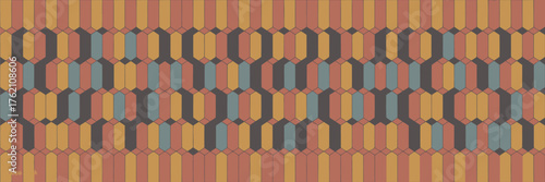 Abstract pattern of overlapping elongated hexagons in shades of orange blue and gray creating texture