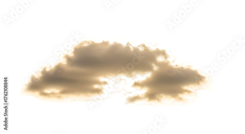 A cloud isolated on transparent background, illuminated by golden light, creating a dramatic contrast and highlighting its intricate texture and form against a clean backdrop