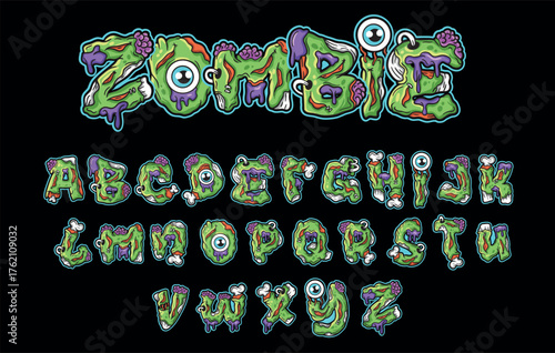 Zombie Alphabet. Cartoonish green vector letters with brains and bones