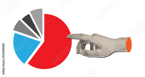 Modern halftone collage hand pointing on pie chart diagram part, Business data analysis,business strategy concept