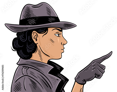 Female detective agent in trench coat and hat pointing with finger pop art vector illustration