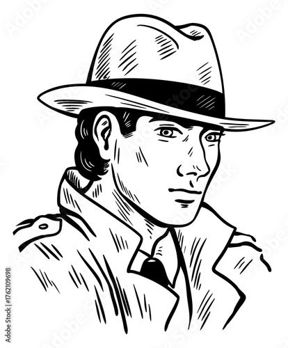 Male agent in fedora black and white sketch portrait