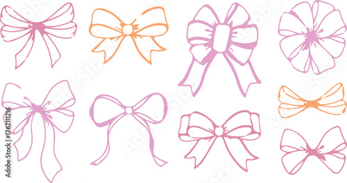 Collection of hand-drawn bows decorative design elements for gifts and celebrations isolated on whit