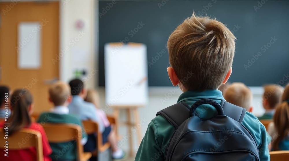 Obraz premium A junior high school student is late for class and stands with a backpack on his back, looking at the board.
