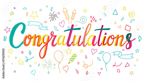 Illustration of hand drawn colorful congratulations typography isolated on transparent background