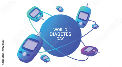 Flat lay illustration of World Diabetes Day with glucometers on white background