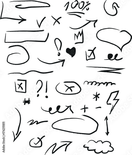 Assortment of handdrawn graphic elements including arrows, check marks, question marks, and symbols, isolated on white background for creative use