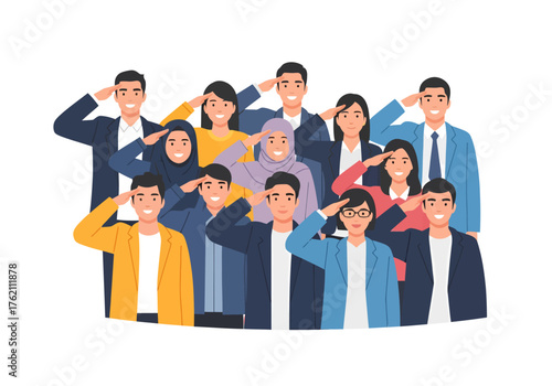 Diverse group of multi-ethnic professionals and community members unitedly performing a respectful salute, symbolizing honor, service, and collective spirit in a modern, inclusive setting