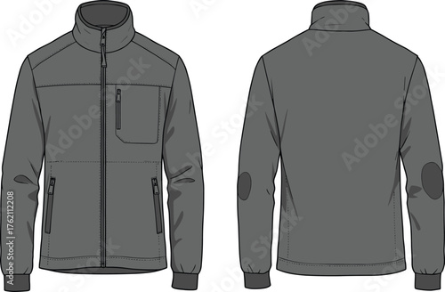 Technical vector illustration of dark gray jacket front and back view with zipper, pockets, high collar, and reinforced elbow patches
