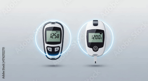 Glucose meters displaying blood sugar levels on World Diabetes Day against a clean background with a medical theme.