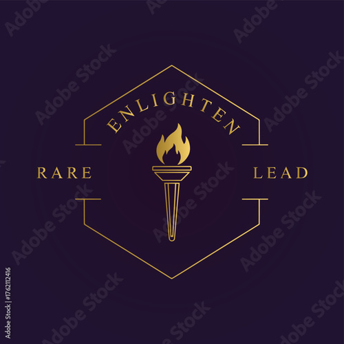 Vector art of golden torch logo with flames and text enlighten rare lead on dark background