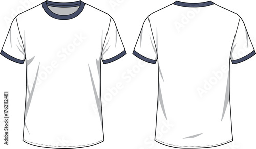 Plain white short sleeve t shirt front and back view with dark trim neckline and cuffs isolated vector fashion template illustration