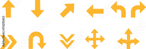 Direction Arrow Icons Set – Orange Navigation, U-turn, and Path Symbol Vector Illustration